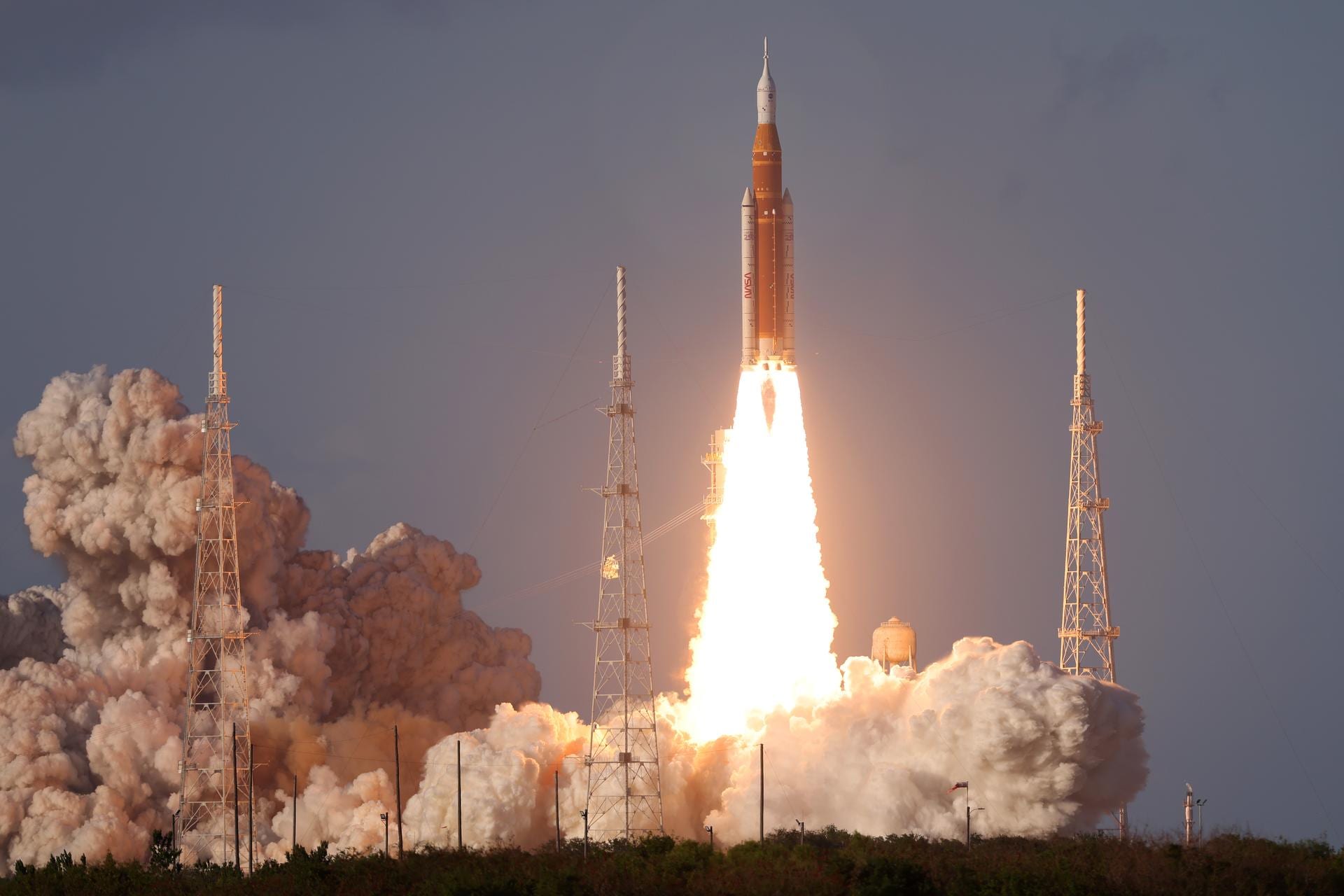 The SLS rocket carrying the Orion spacecraft and the Artemis II crew lifting off from Launch Complex 39B at Kennedy Space Center on April 1, 2026.
