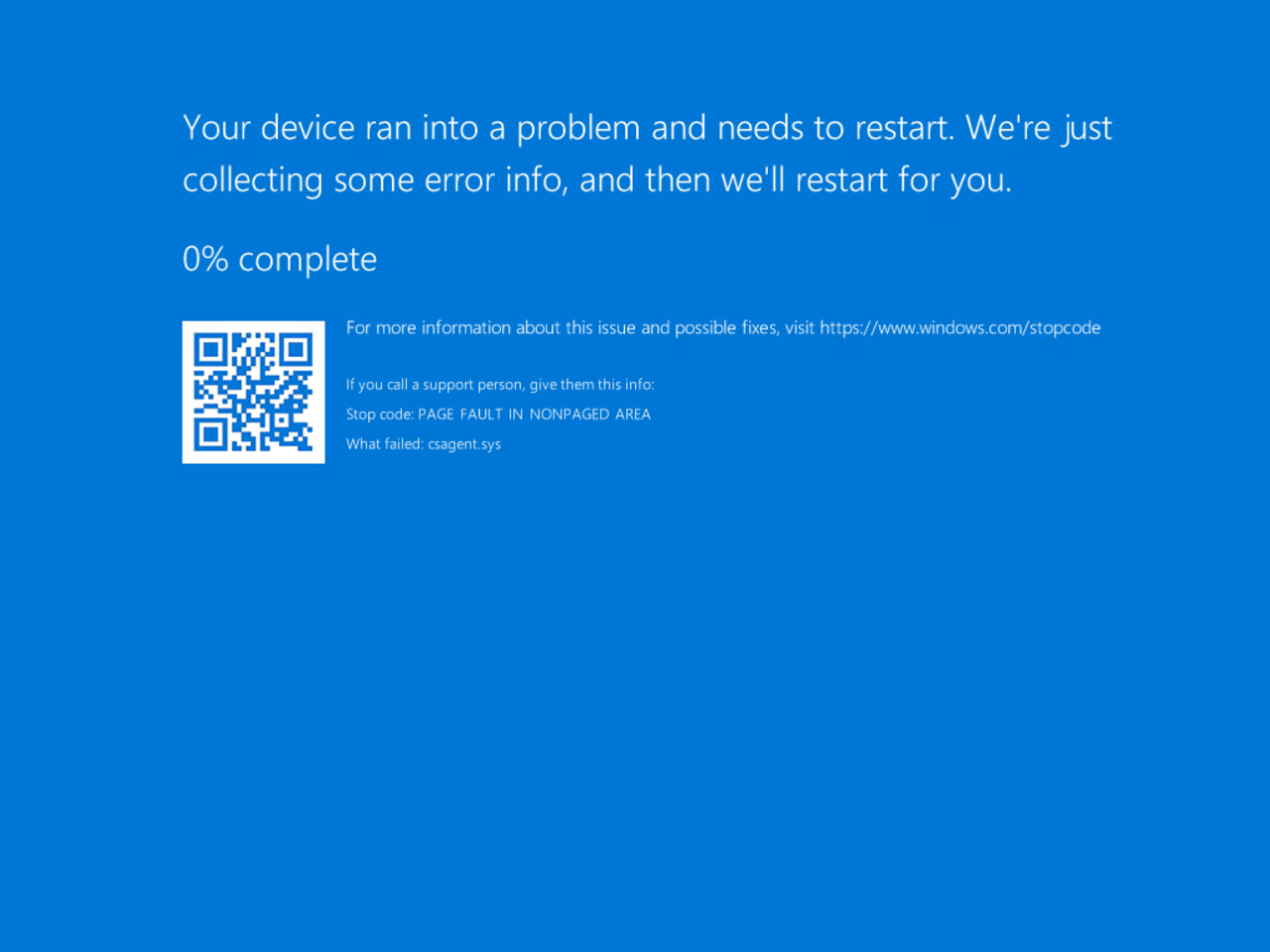 A Windows blue screen of death showing a PAGE_FAULT_IN_NONPAGED_AREA stop code, captured on a Windows Server virtual machine after loading the faulty CrowdStrike driver.