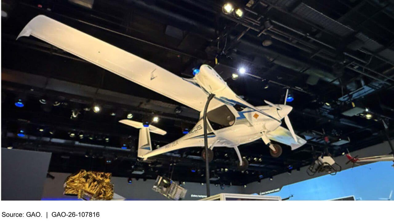A Pipistrel Velis Electro, a small two-seat electric training aircraft, on display at the Smithsonian National Air and Space Museum, photographed for a U.S. GAO report on electric aircraft certification.